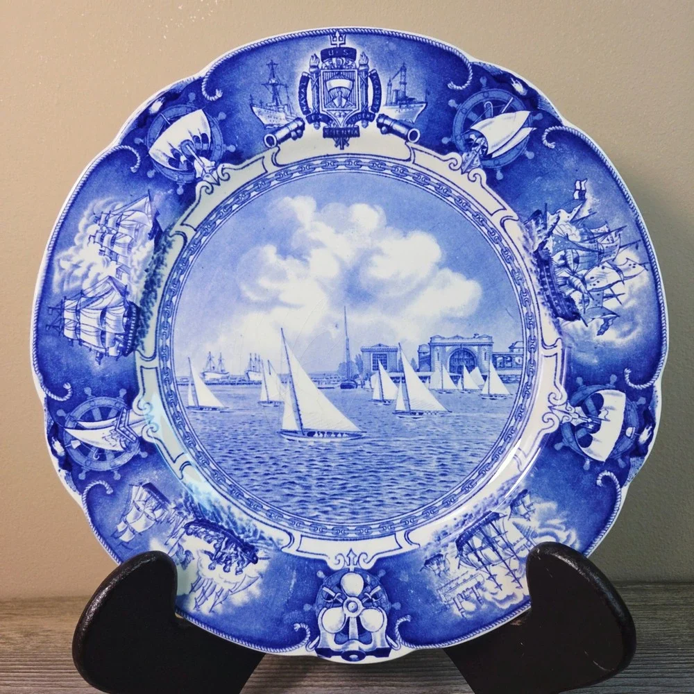 Wedgwood US Naval Academy Sailboat Drill Plate Blue White Transferware 10